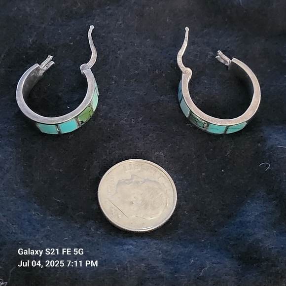 Native American Jewelry - Inlaid Turquoise set in Sterling Silver Hoops